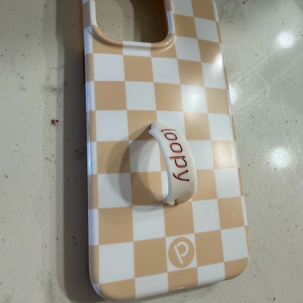 Beige & White Checkered Phone Case with White Ring Grip